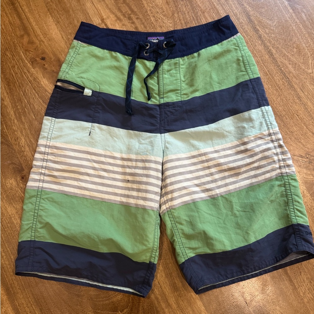 Patagonia Boys Green & Navy Striped Swim Trunks